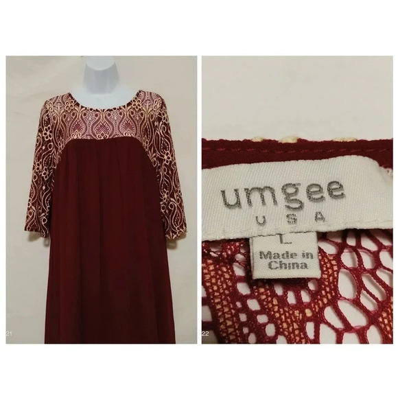 UMGEE Size Large Wine Shift Dress Lace bodice and 3/4 Sleeves - Picture 1 of 9